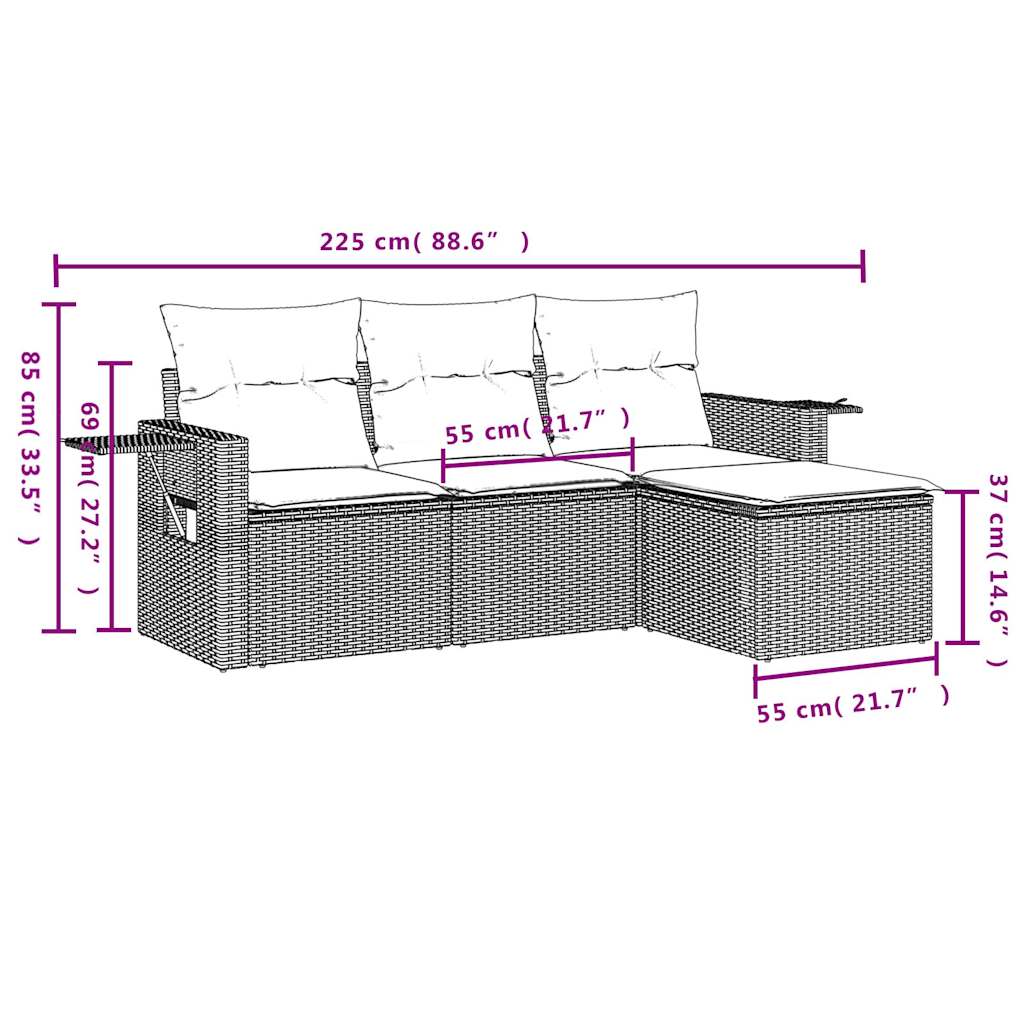 vidaXL 4-tlg. Garten-Sofagarnitur mit Kissen Grau Poly Rattan