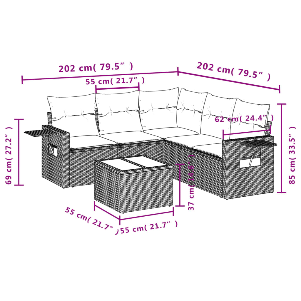 vidaXL 6-tlg. Garten-Sofagarnitur mit Kissen Beige Poly Rattan