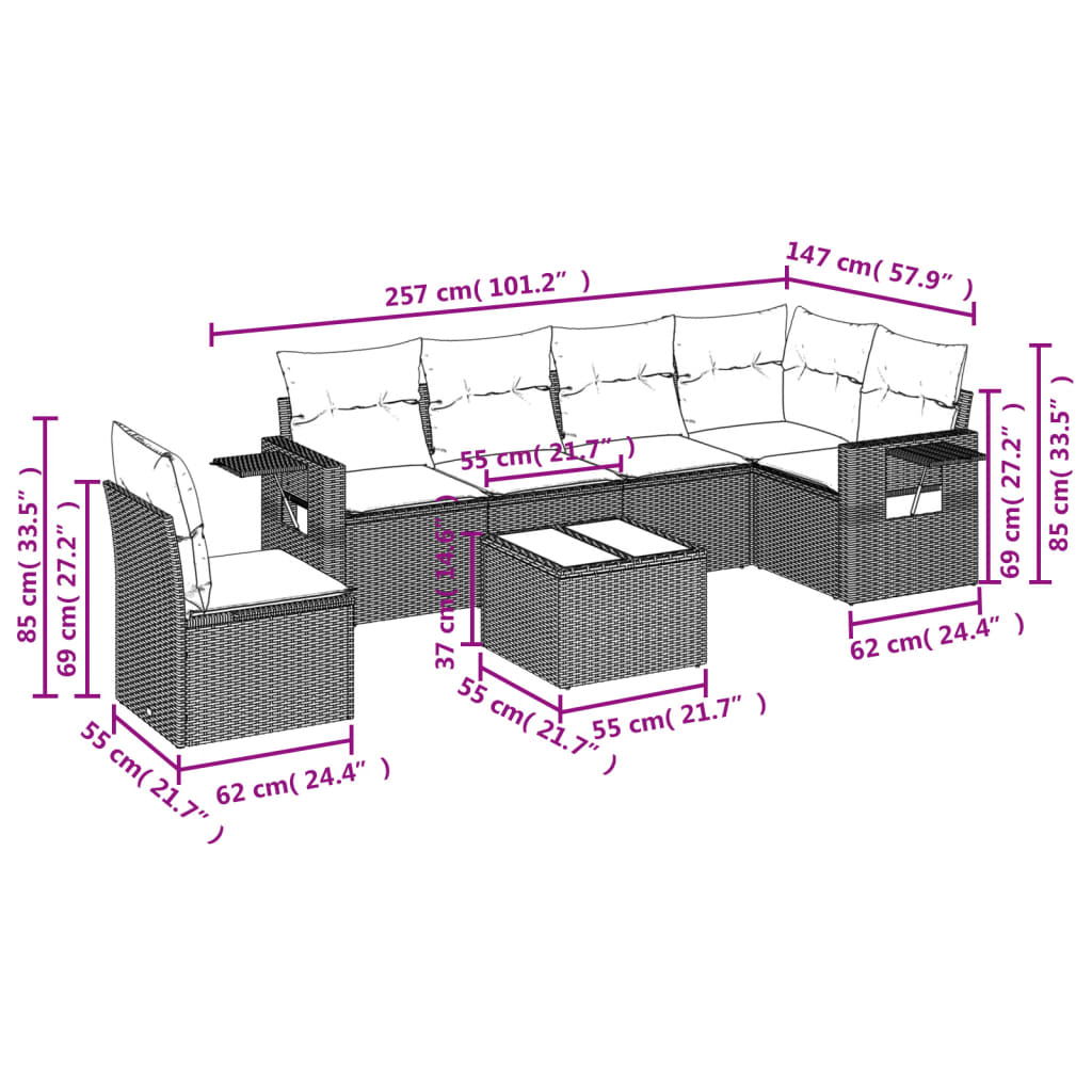 vidaXL 7-tlg. Garten-Sofagarnitur mit Kissen Schwarz Poly Rattan