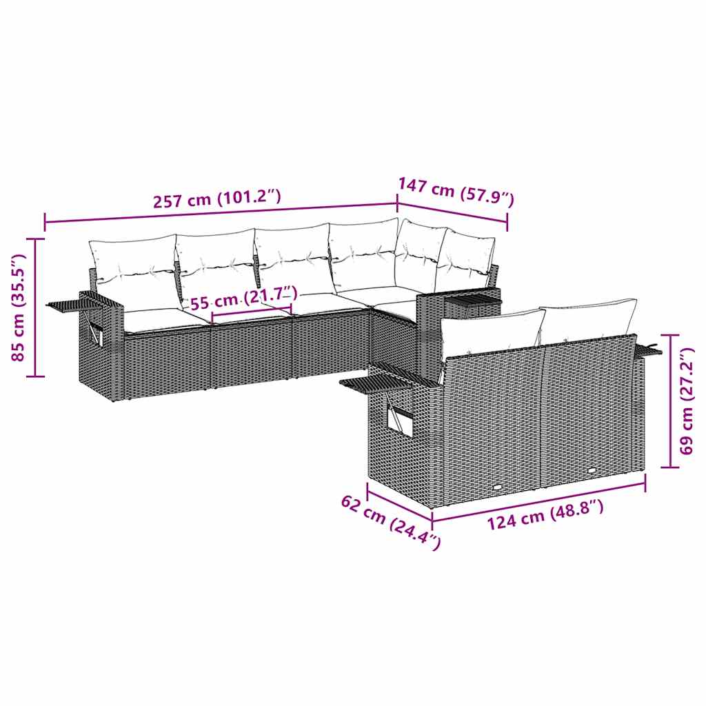 vidaXL 7-tlg. Garten-Sofagarnitur mit Kissen Braun Poly Rattan