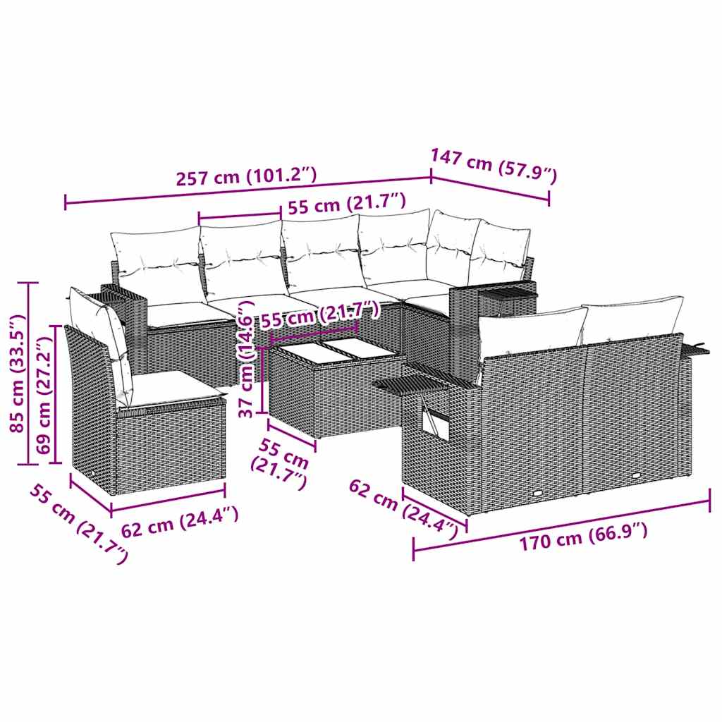 9-tlg. Garten-Sofagarnitur mit Kissen Schwarz Poly Rattan