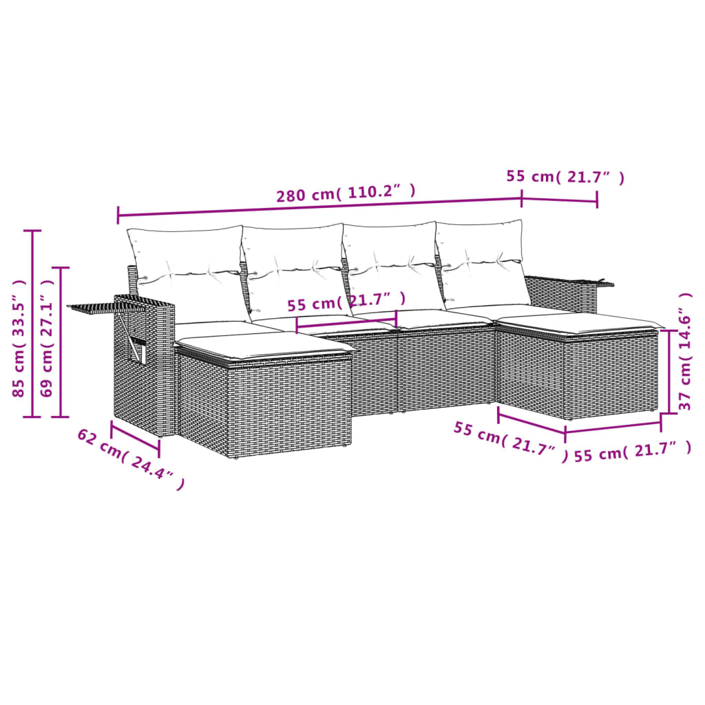 vidaXL 6-tlg. Garten-Sofagarnitur mit Kissen Grau Poly Rattan