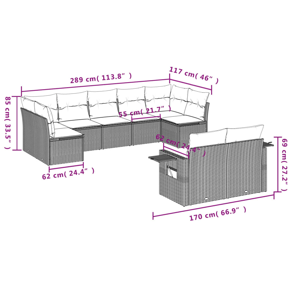 vidaXL Salon de jardin 9 pcs avec coussins Noir Résine tressée