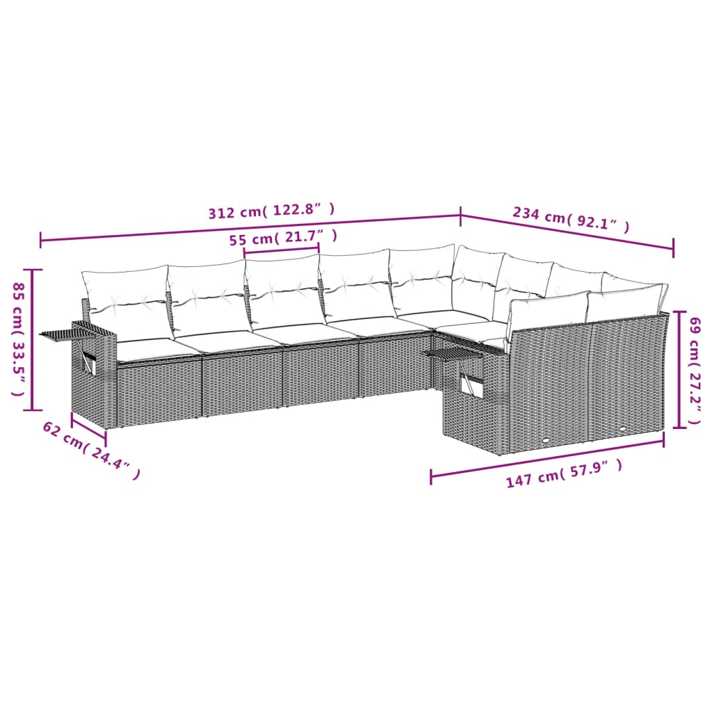 vidaXL Salon de jardin 9 pcs avec coussins Noir Résine tressée