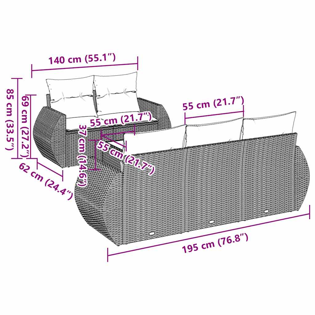 vidaXL 6-tlg. Garten-Sofagarnitur mit Kissen Schwarz Poly Rattan