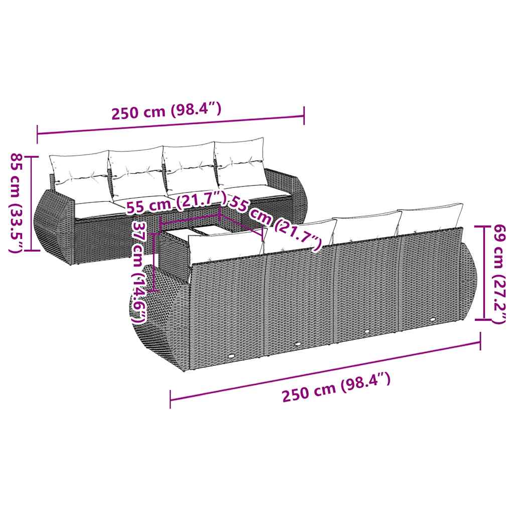 9-tlg. Garten-Sofagarnitur mit Kissen Schwarz Poly Rattan