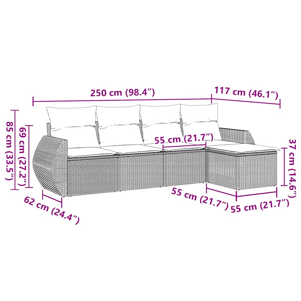 5-tlg. Garten-Sofagarnitur mit Kissen Schwarz Poly Rattan