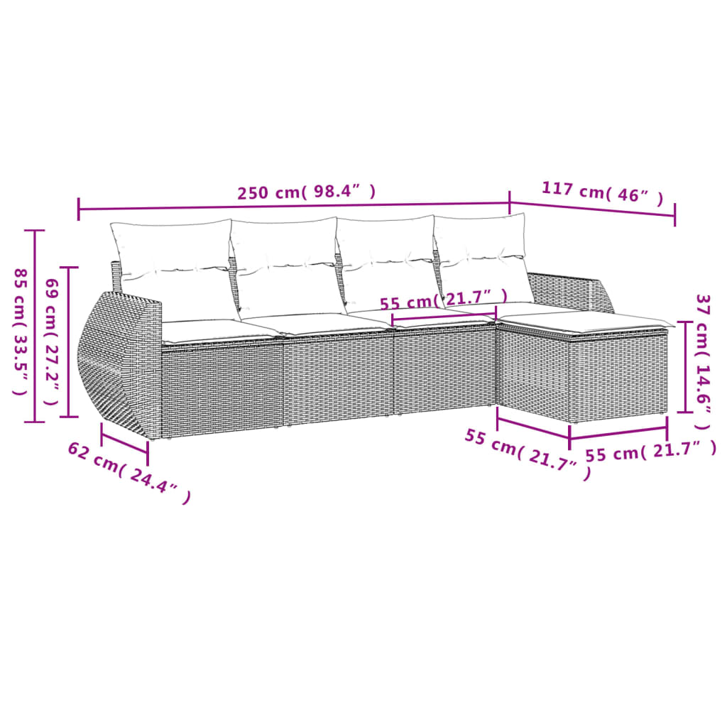 vidaXL 5-tlg. Garten-Sofagarnitur mit Kissen Grau Poly Rattan