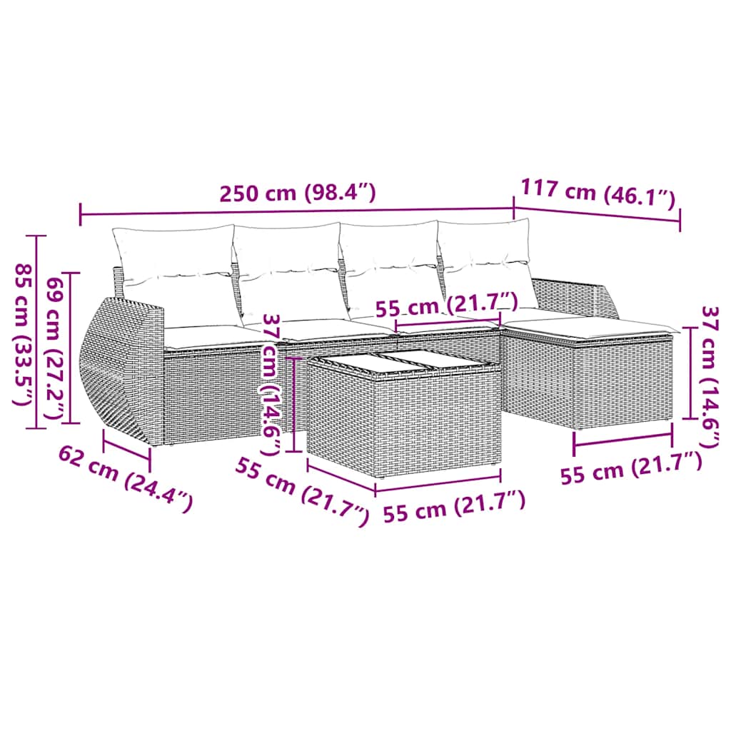vidaXL 6-tlg. Garten-Sofagarnitur mit Kissen Schwarz Poly Rattan