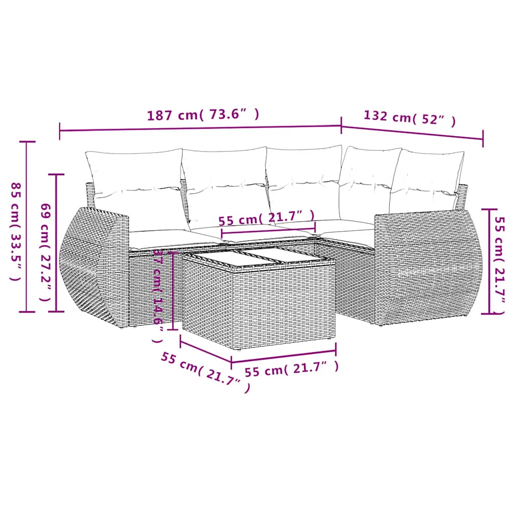 vidaXL 5-tlg. Garten-Sofagarnitur mit Kissen Schwarz Poly Rattan