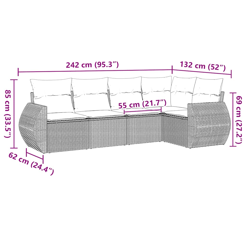 5-tlg. Garten-Sofagarnitur mit Kissen Schwarz Poly Rattan