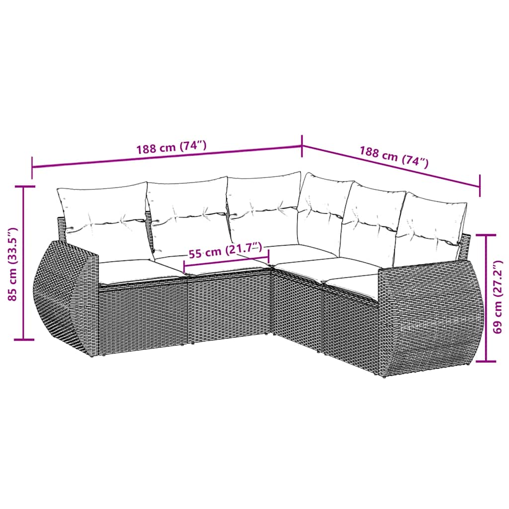 5-tlg. Garten-Sofagarnitur mit Kissen Schwarz Poly Rattan