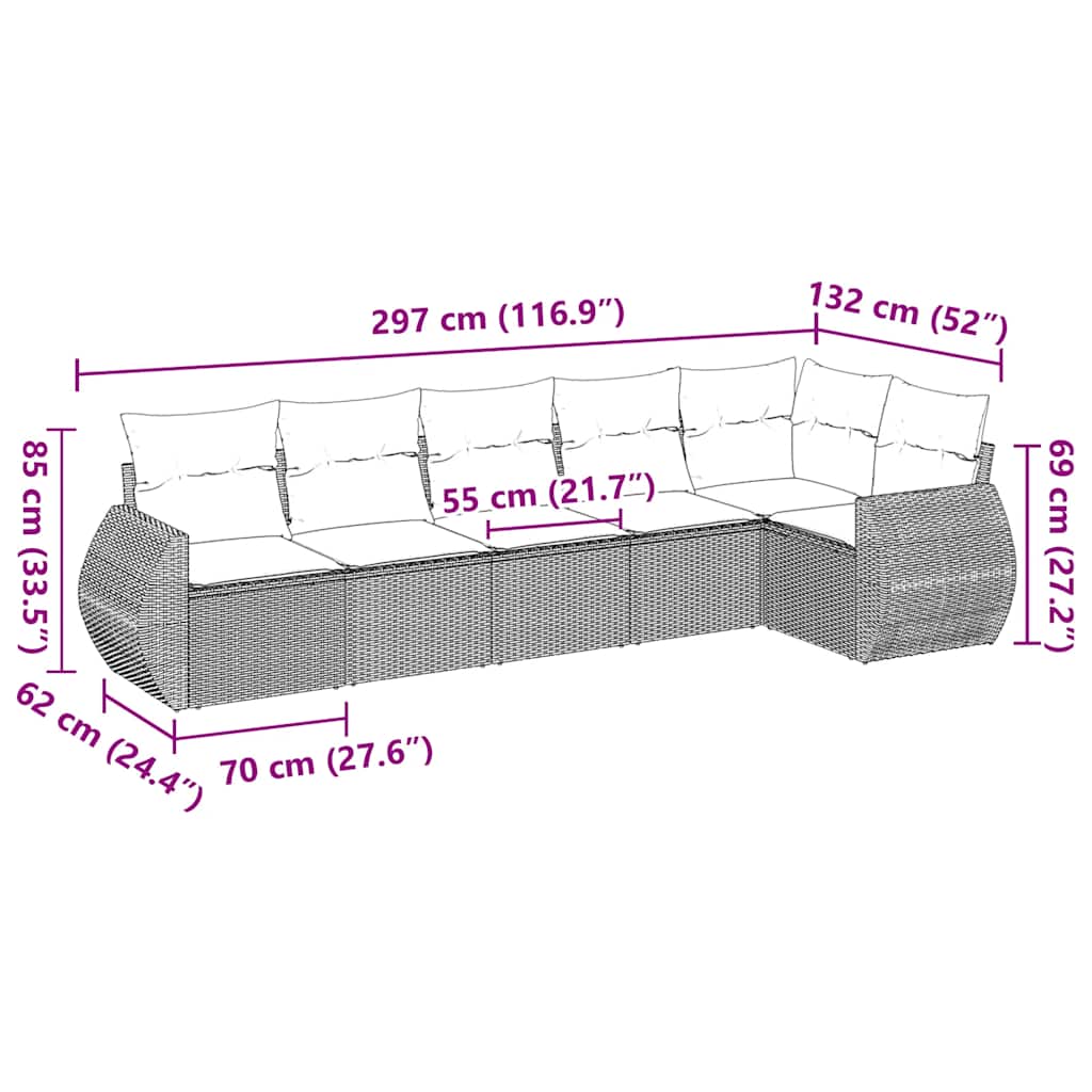 vidaXL 6-tlg. Garten-Sofagarnitur mit Kissen Schwarz Poly Rattan