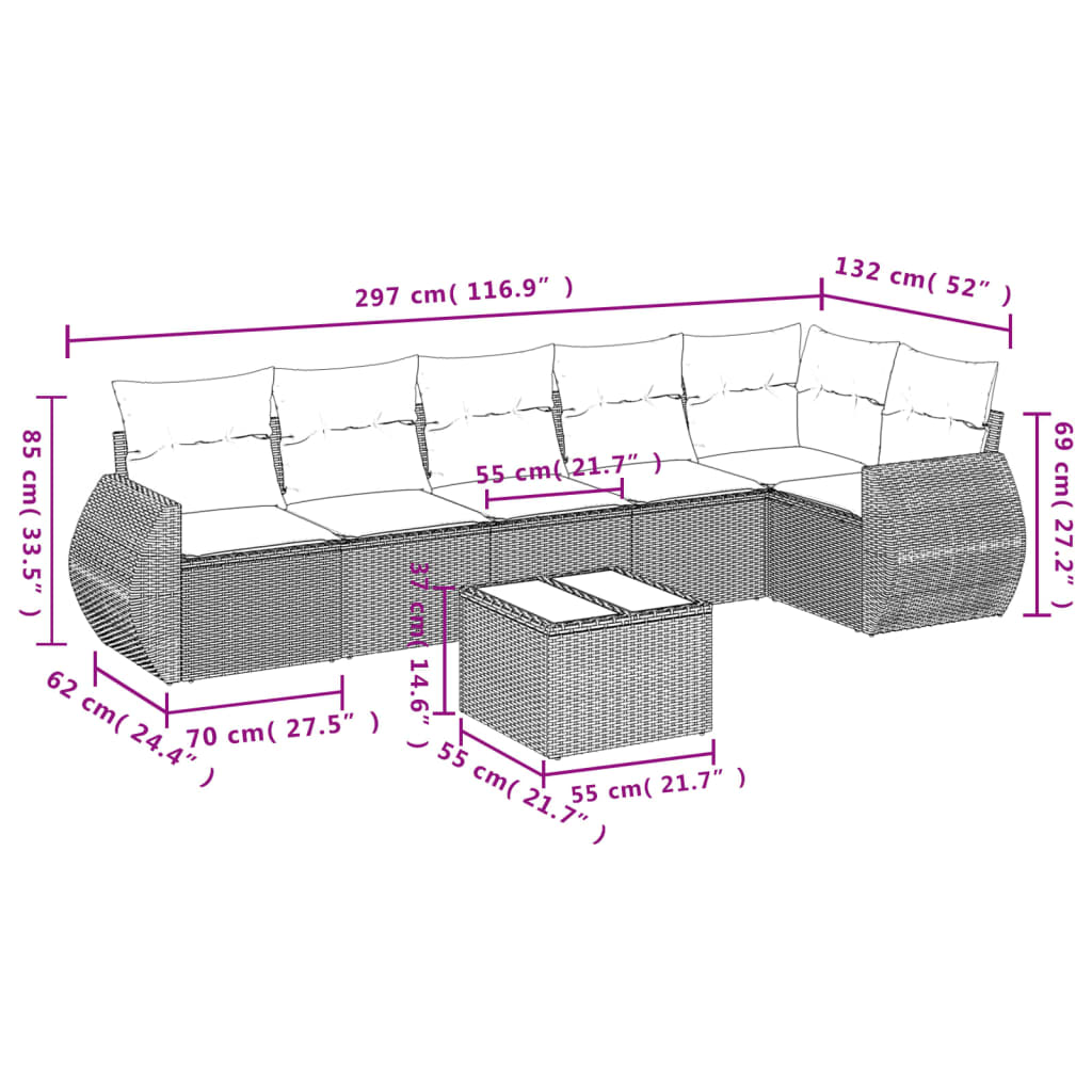 vidaXL 7-tlg. Garten-Sofagarnitur mit Kissen Beige Poly Rattan