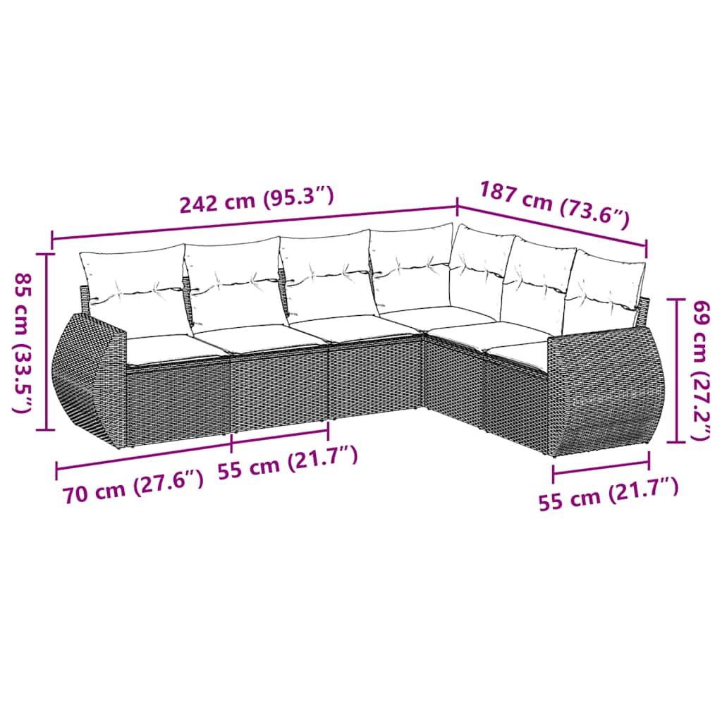 vidaXL 6-tlg. Garten-Sofagarnitur mit Kissen Schwarz Poly Rattan