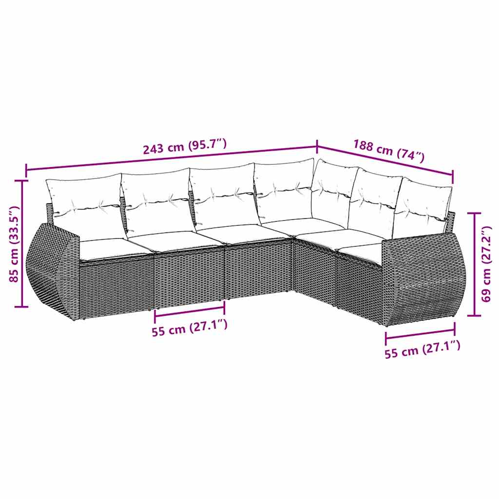 vidaXL 6-tlg. Garten-Sofagarnitur mit Kissen Schwarz Poly Rattan