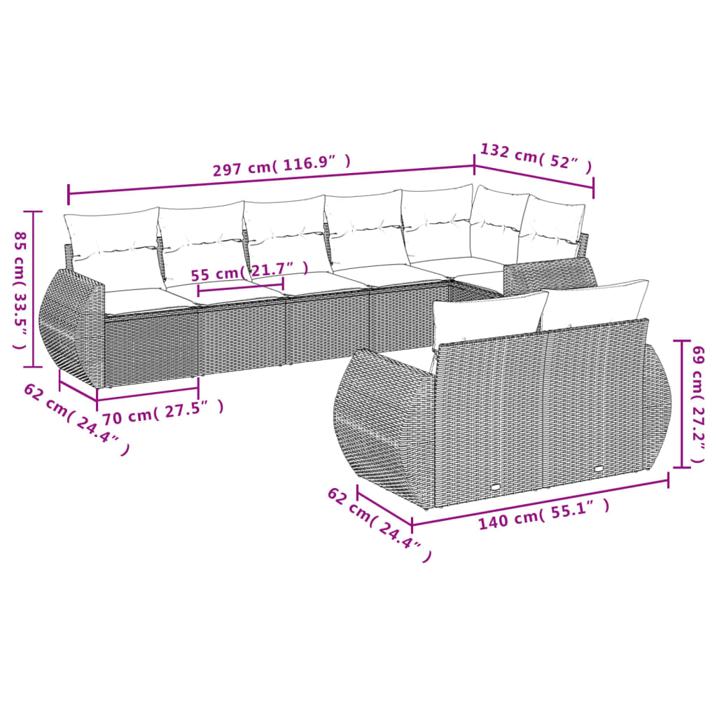 vidaXL 8-tlg. Garten-Sofagarnitur mit Kissen Beige Poly Rattan