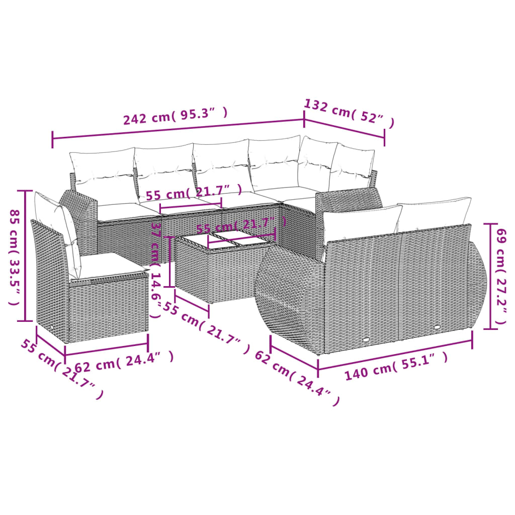 vidaXL 9-tlg. Garten-Sofagarnitur mit Kissen Beige Poly Rattan