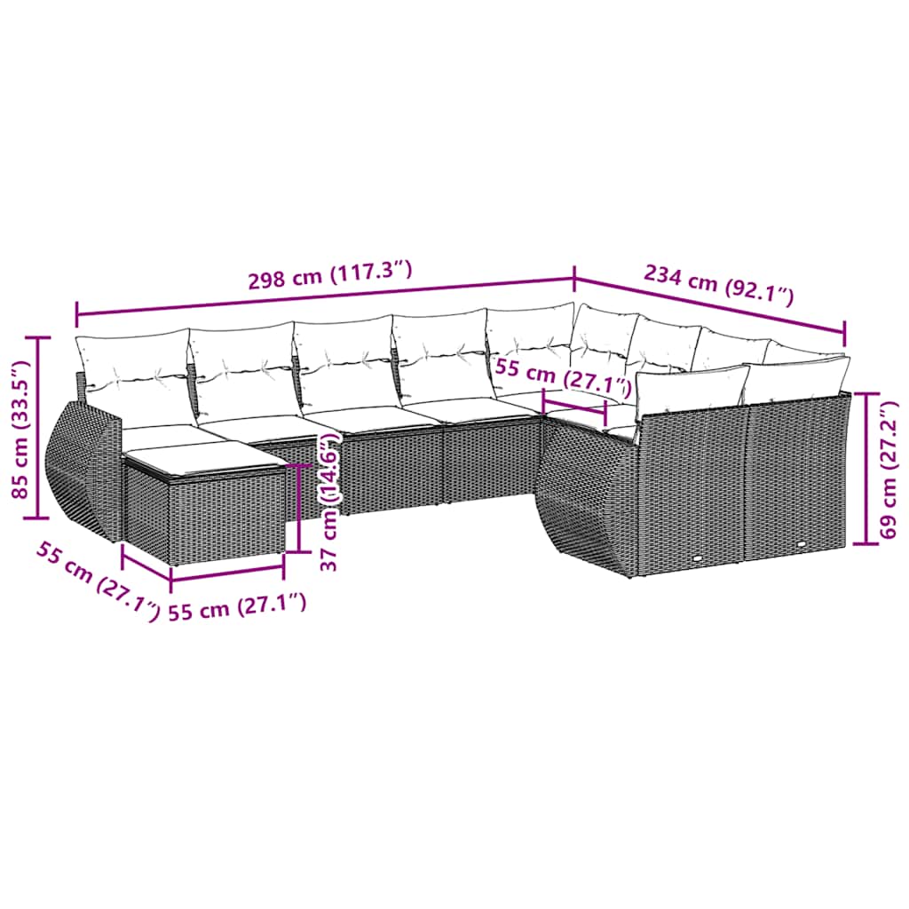 10-tlg. Garten-Sofagarnitur mit Kissen Schwarz Poly Rattan