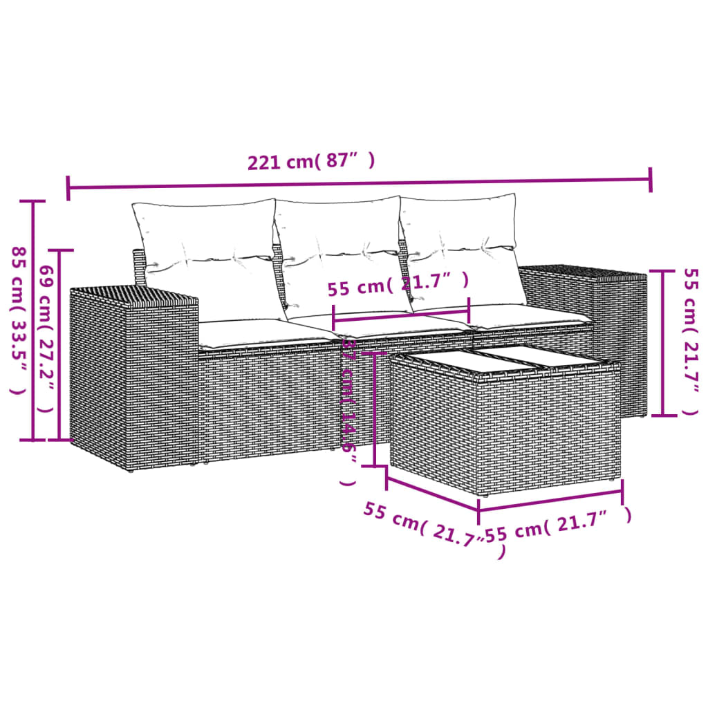 vidaXL 4-tlg. Garten-Sofagarnitur mit Kissen Schwarz Poly Rattan