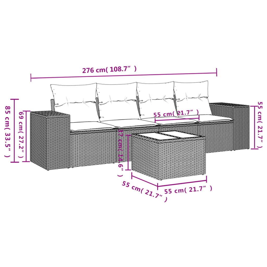 vidaXL 5-tlg. Garten-Sofagarnitur mit Kissen Schwarz Poly Rattan