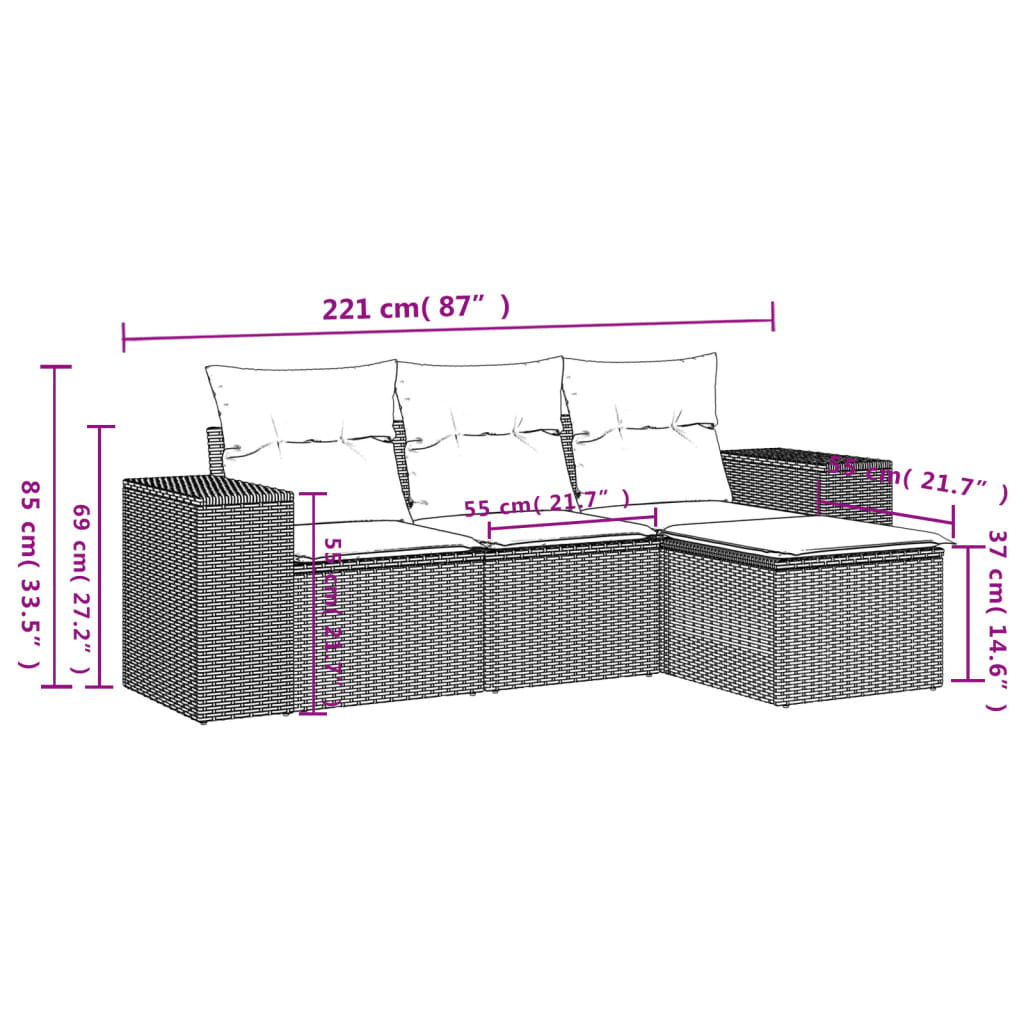 vidaXL Salon de jardin 4 pcs avec coussins Gris Résine tressée