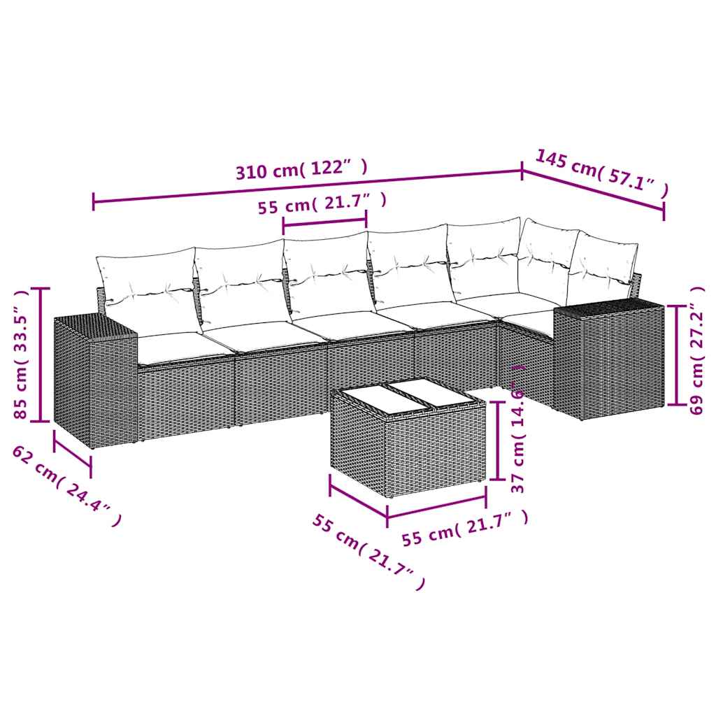 vidaXL Salon de jardin 7 pcs avec coussins Noir Résine tressée