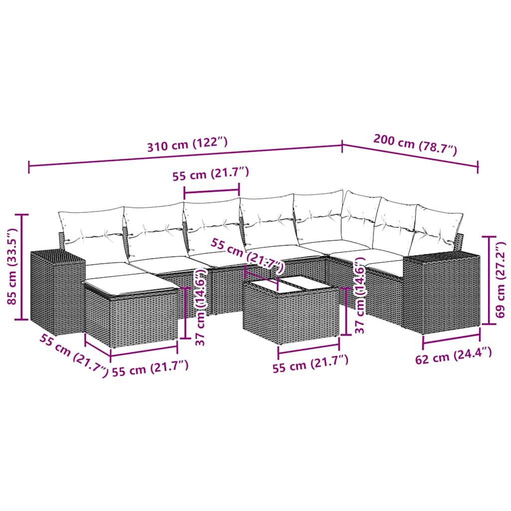 vidaXL Salon de jardin 9 pcs avec coussins Noir Résine tressée