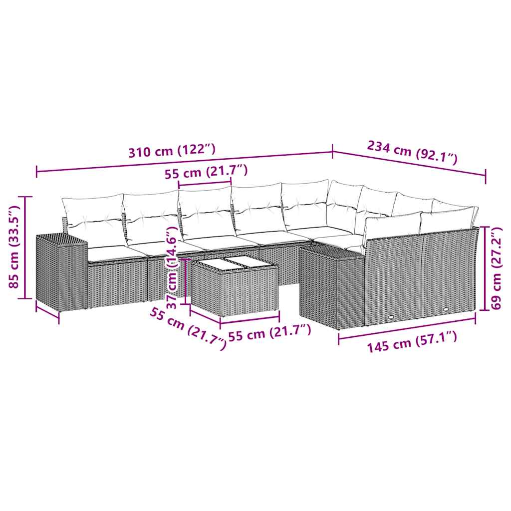 vidaXL 10-tlg. Garten-Sofagarnitur mit Kissen Schwarz Poly Rattan