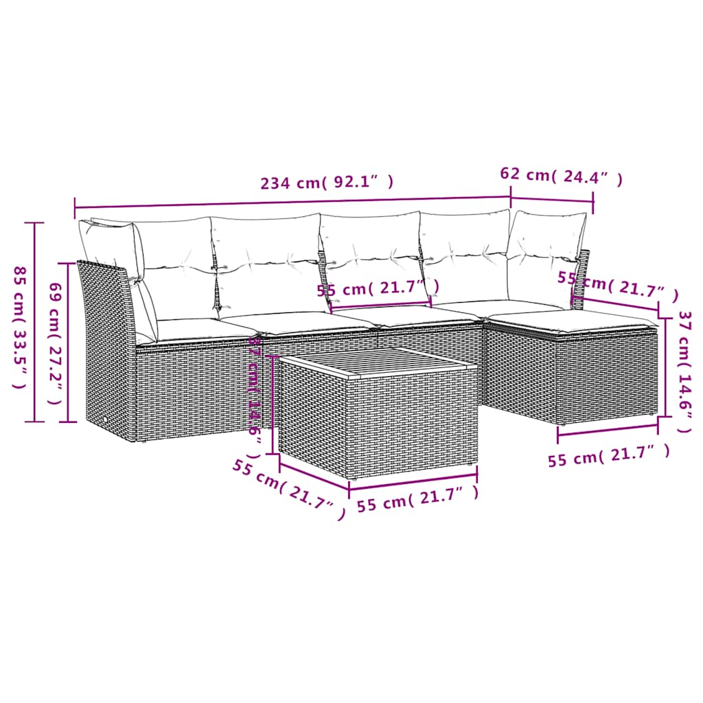 6-teiliges Gartensofa-Set mit Kissen, grau, Polyrattan