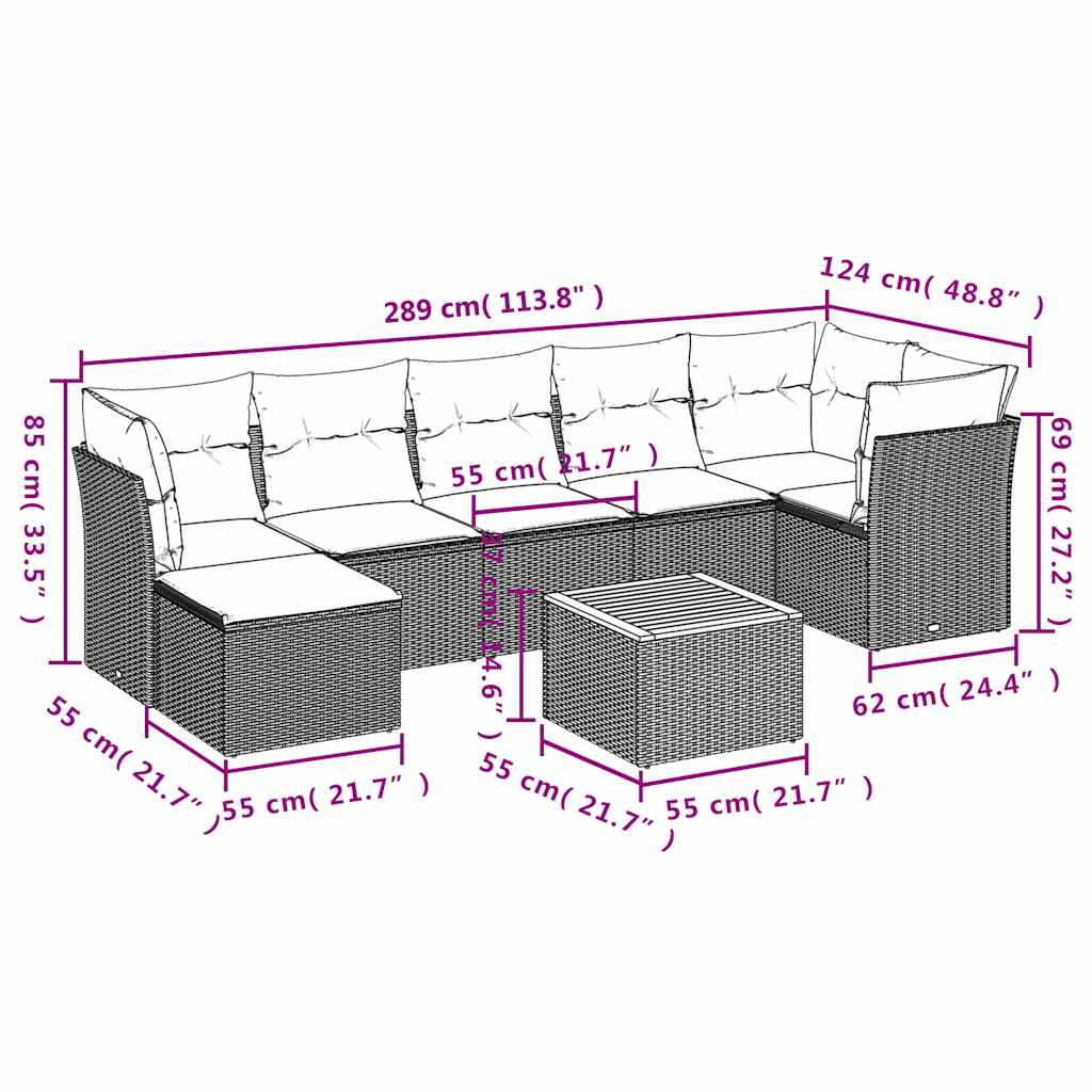 8-teiliges Gartensofa-Set mit Kissen, grau, Polyrattan