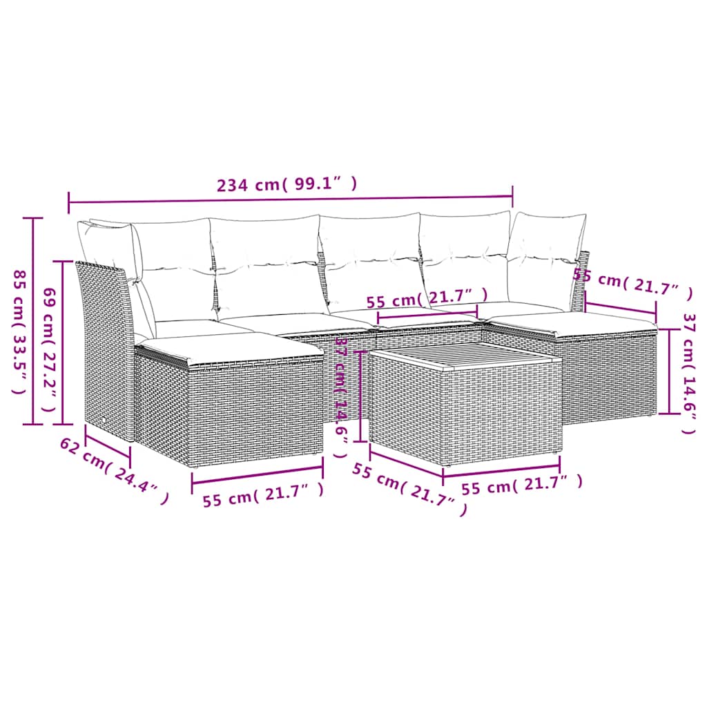7-teiliges Gartensofa-Set mit Kissen, grau, Polyrattan