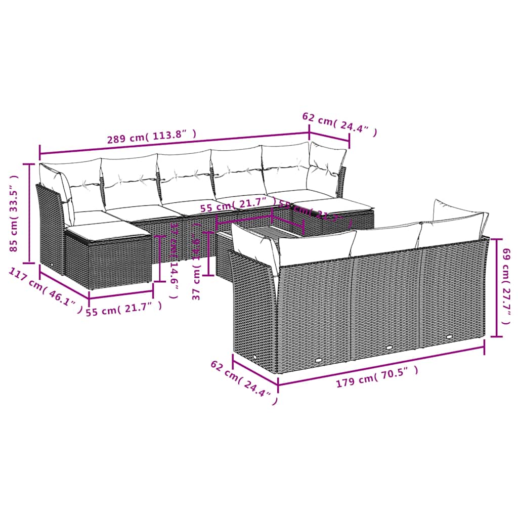 11-teiliges Gartensofa-Set mit Kissen, grau, Polyrattan