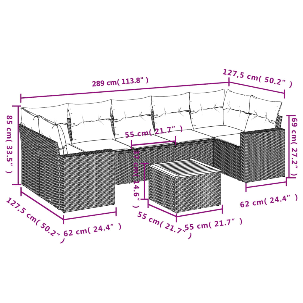 vidaXL 8-tlg. Garten-Sofagarnitur mit Kissen Grau Poly Rattan