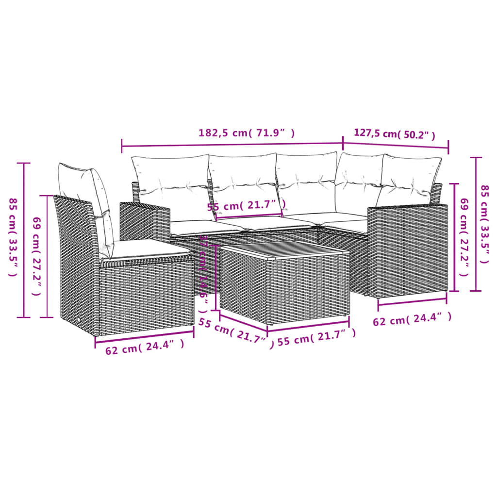 vidaXL 6-tlg. Garten-Sofagarnitur mit Kissen Grau Poly Rattan