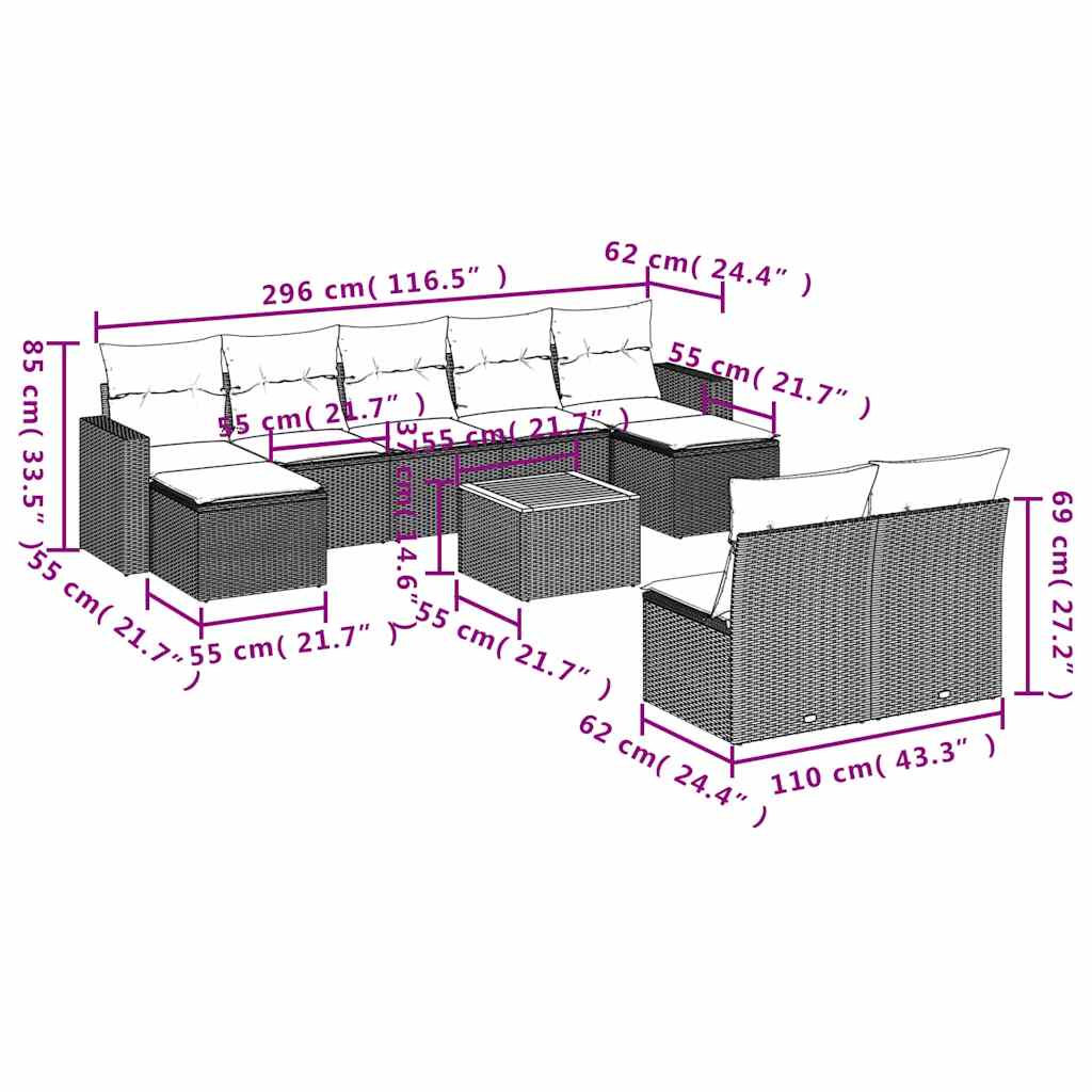 10-tlg. Garten-Sofagarnitur mit Kissen Schwarz Poly Rattan
