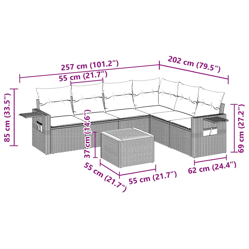7-tlg. Garten-Sofagarnitur mit Kissen Schwarz Poly Rattan
