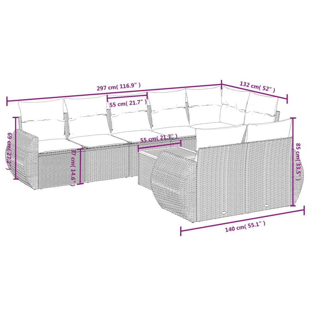 vidaXL 9-tlg. Garten-Sofagarnitur mit Kissen Beige Poly Rattan