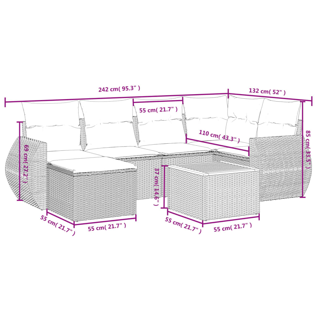 vidaXL Salon de jardin 7 pcs avec coussins Noir Résine tressée