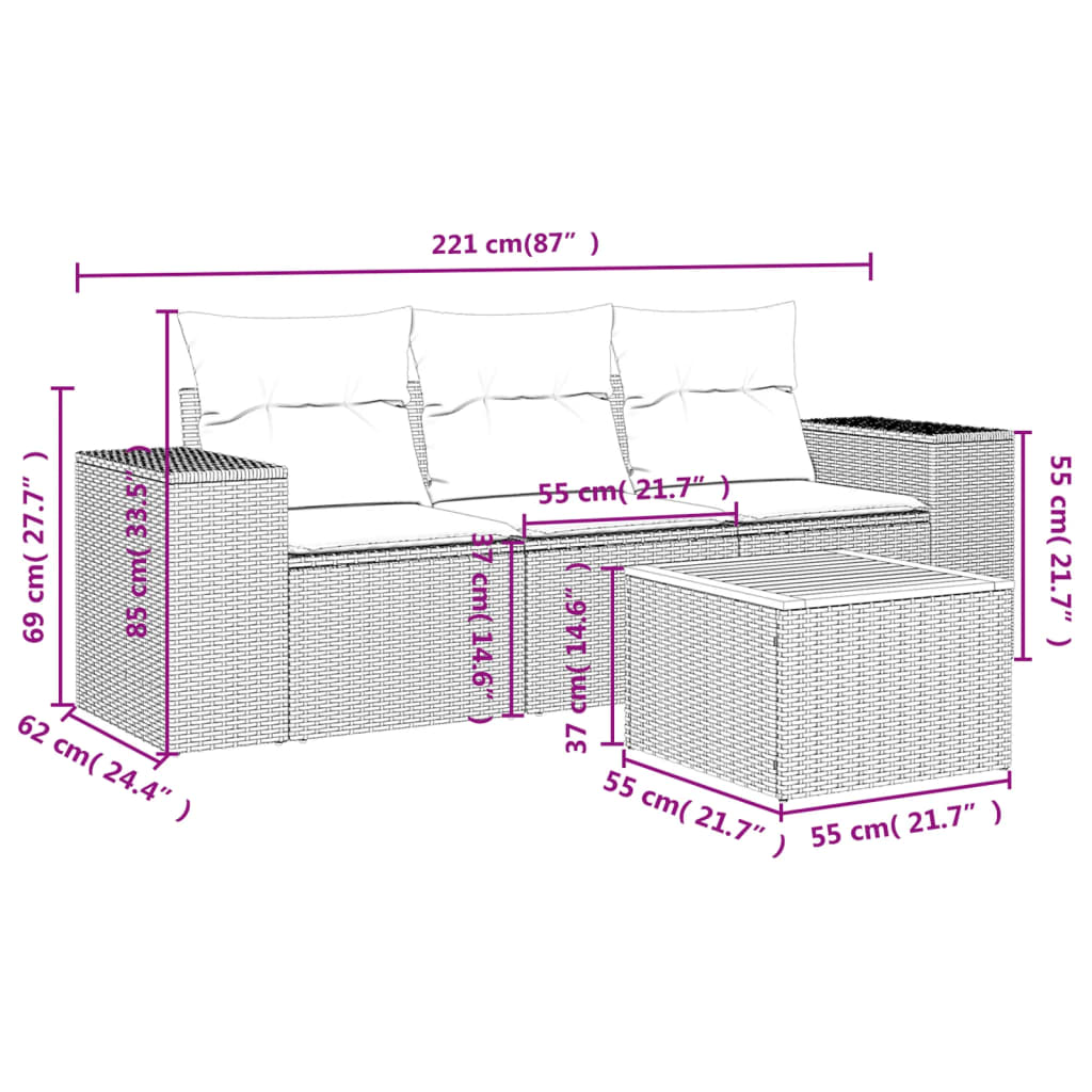 vidaXL 4-tlg. Garten-Sofagarnitur mit Kissen Schwarz Poly Rattan