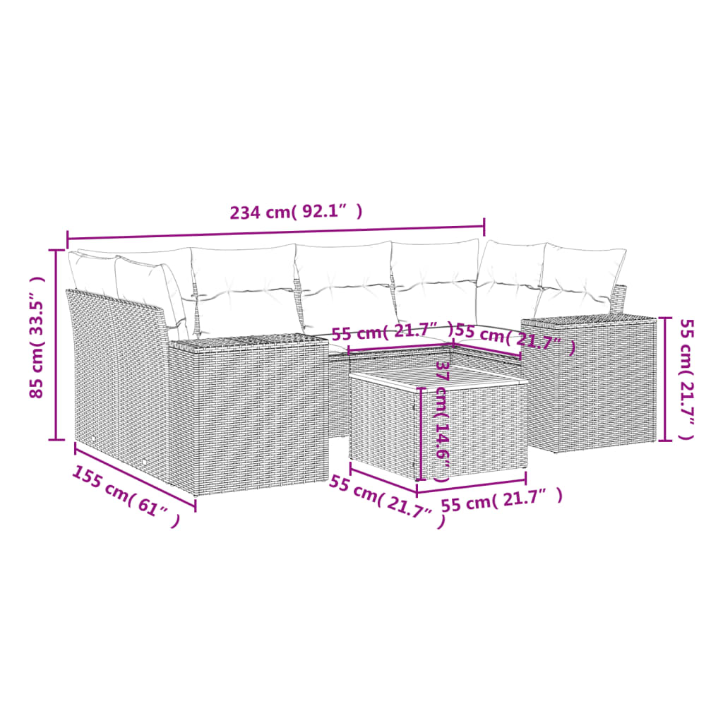 vidaXL 7-tlg. Garten-Sofagarnitur mit Kissen Beige Poly Rattan