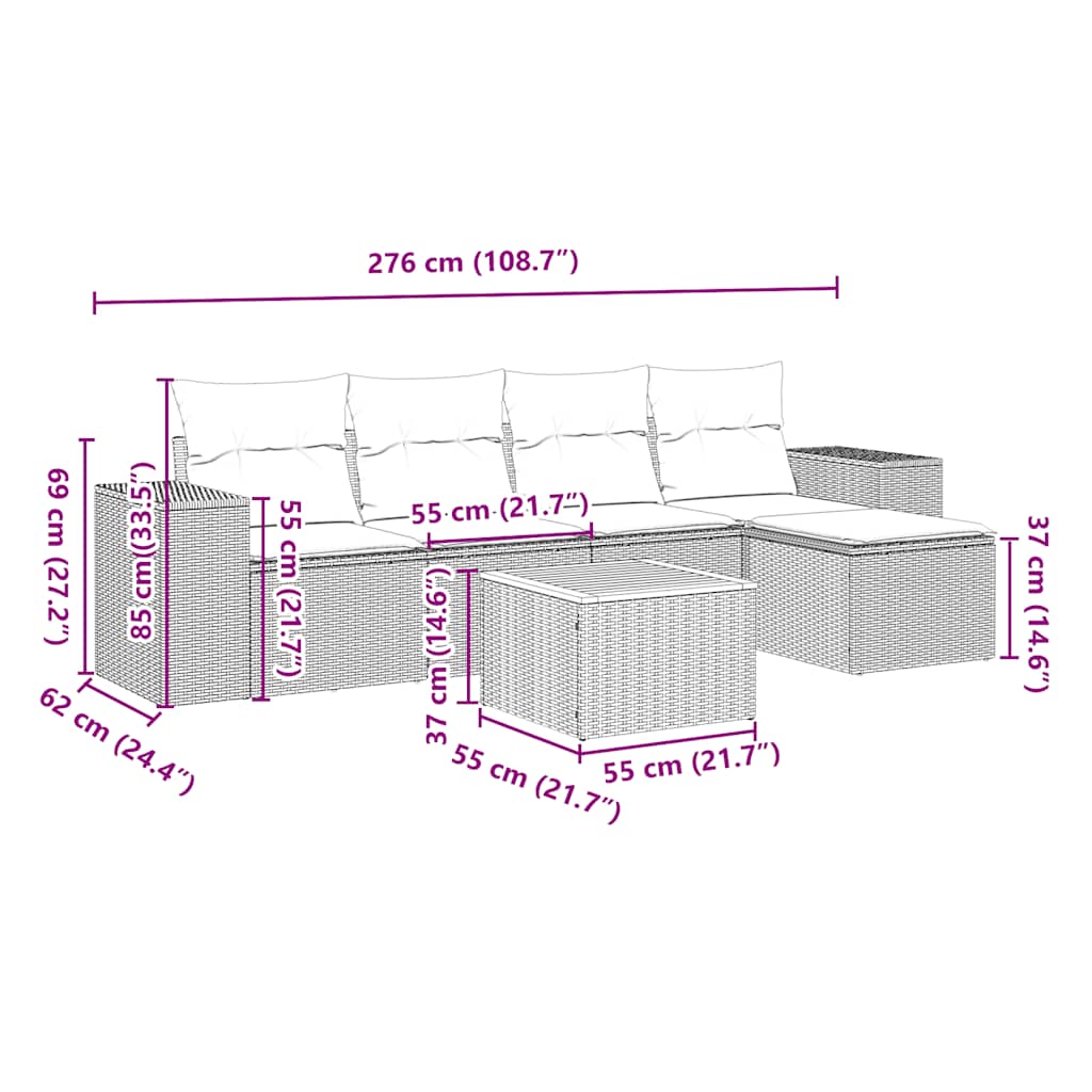 vidaXL 6-tlg. Garten-Sofagarnitur mit Kissen Schwarz Poly Rattan