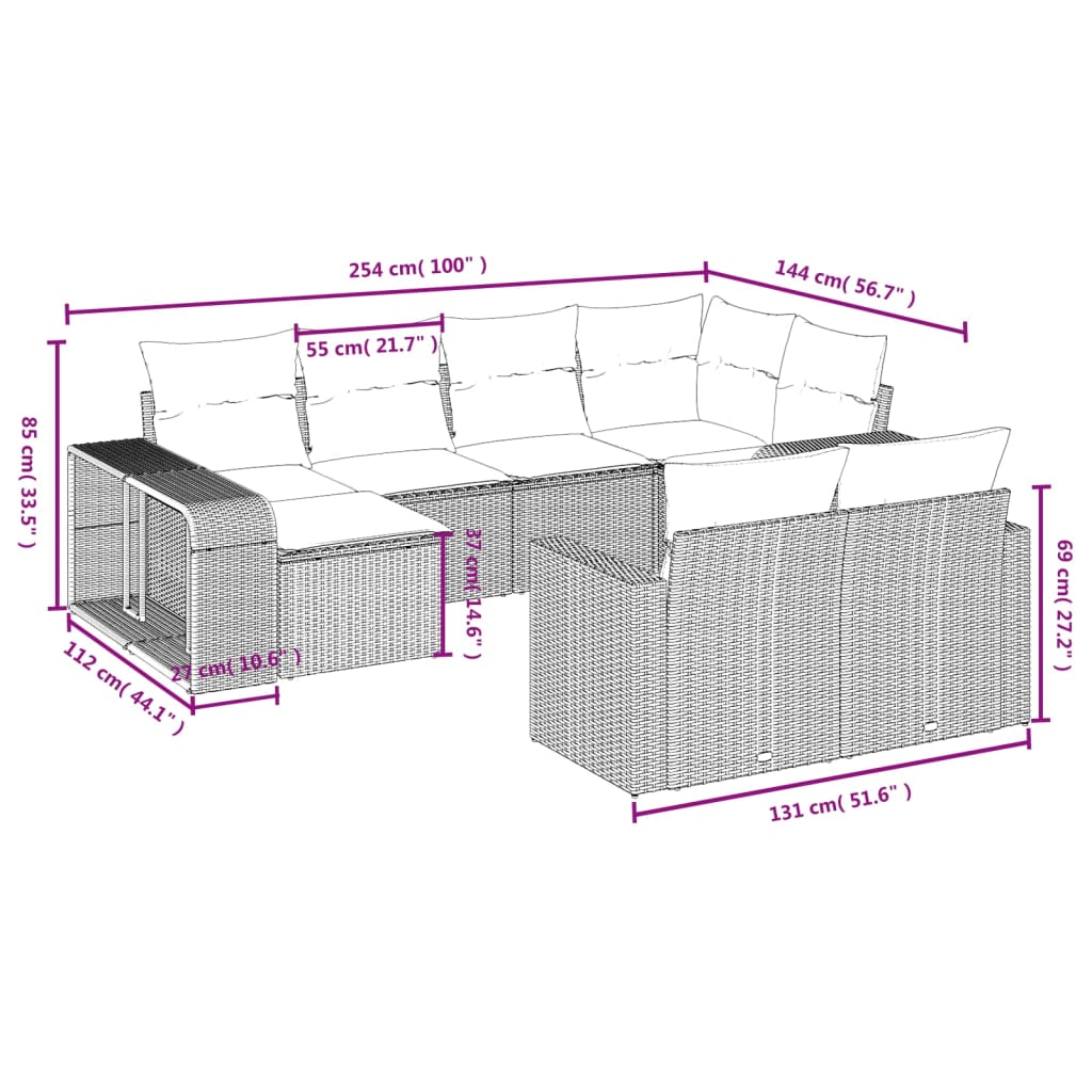 vidaXL Salon de jardin 10 pcs avec coussins Noir Résine tressée