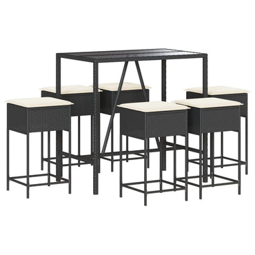 vidaXL 7-tlg. Gartenbar-Set mit Kissen Schwarz Poly Rattan