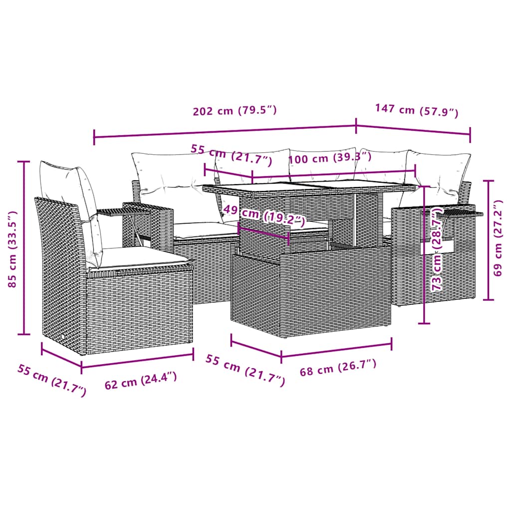6-teiliges Gartensofa-Set mit Kissen, grau, Polyrattan