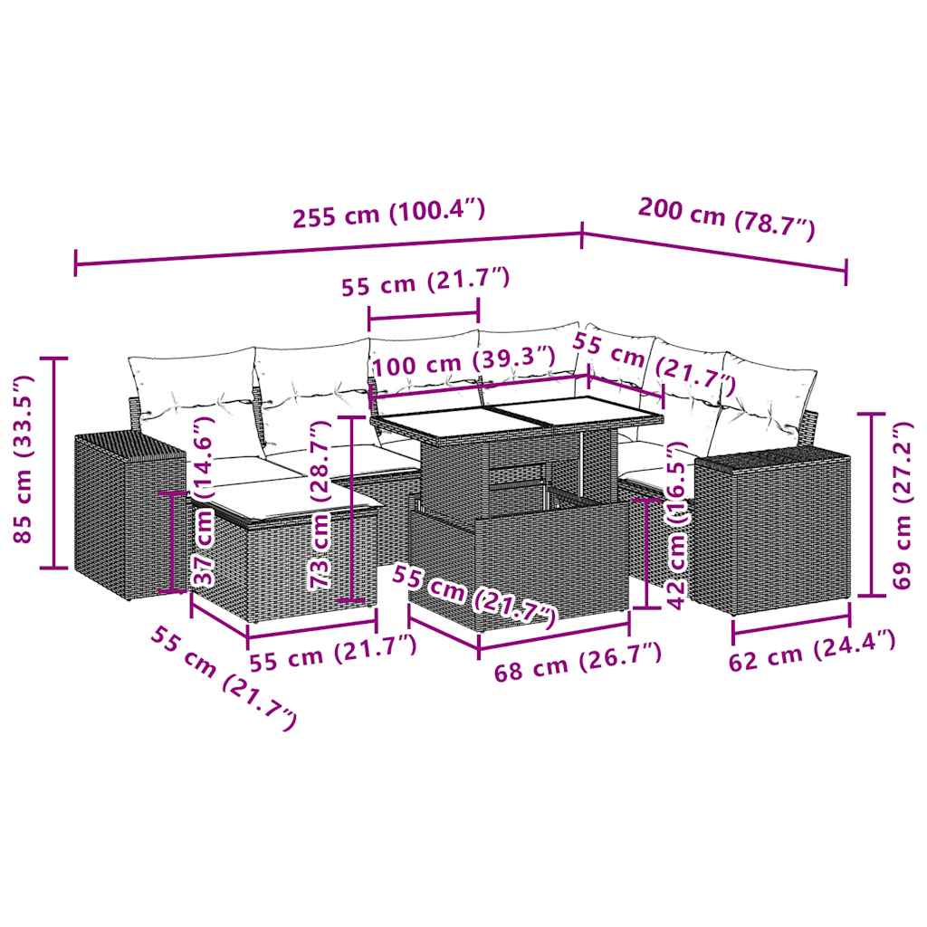 8-tlg. Garten-Sofagarnitur mit Kissen Braun Poly Rattan