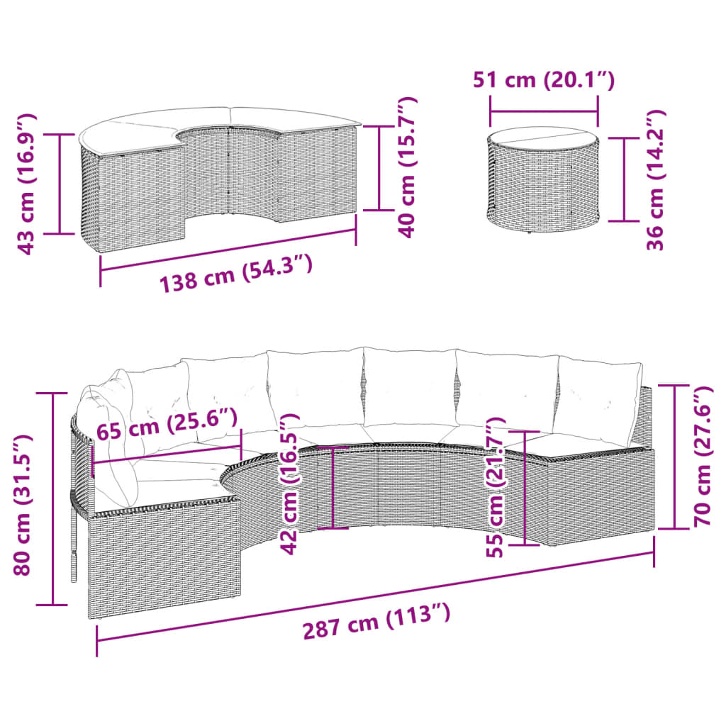 vidaXL 3-tlg. Garten-Sofagarnitur Halbrund Grau Poly Rattan