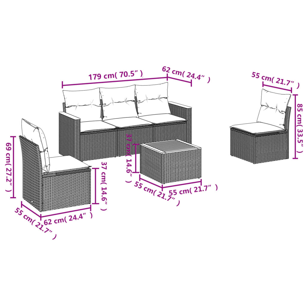 vidaXL 6-tlg. Garten-Sofagarnitur mit Kissen Schwarz Poly Rattan