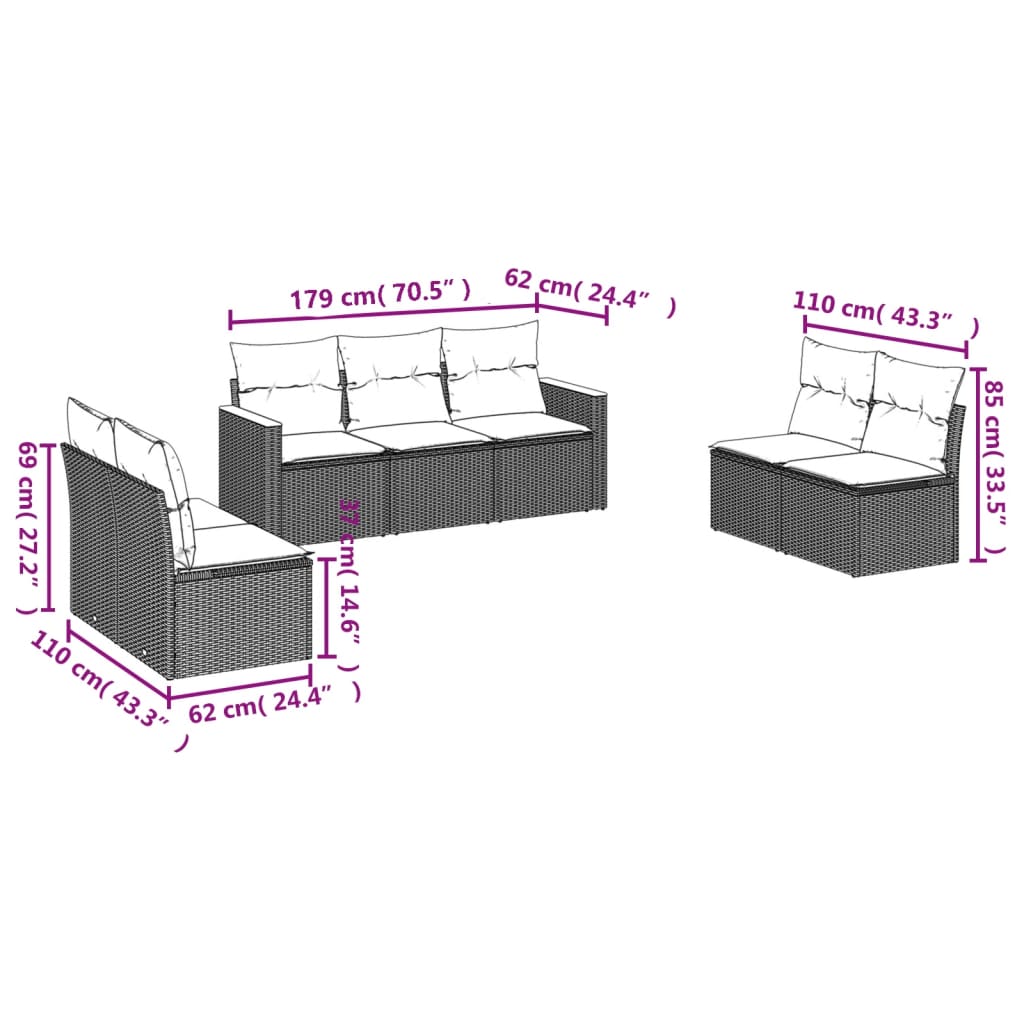 vidaXL Salon de jardin 7 pcs avec coussins Noir Résine tressée