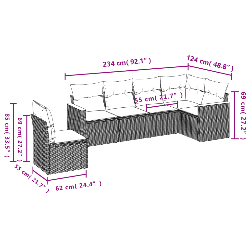 vidaXL 6-tlg. Garten-Sofagarnitur mit Kissen Grau Poly Rattan